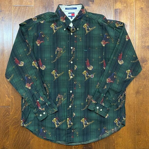 Tommy Hilfiger Vintage Y2K AOP Ski Hunter Green Button Front Shirt Men's XL - Picture 3 of 9